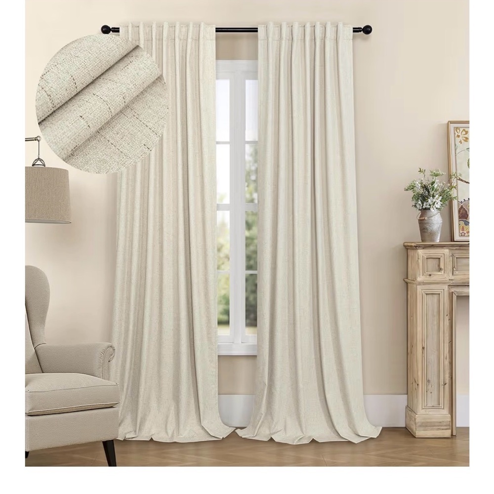 100% Blackout Neutral Curtains for Living Room 96 Inches Long 8 ft Faux Linen